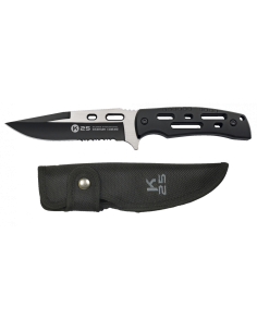 Cuchillo táctico K25 negro, hoja mixta con sierra