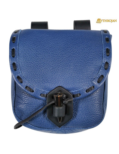 Middelaldertaske i blåt læder med hornlukning (20,3x17,7 cm.)