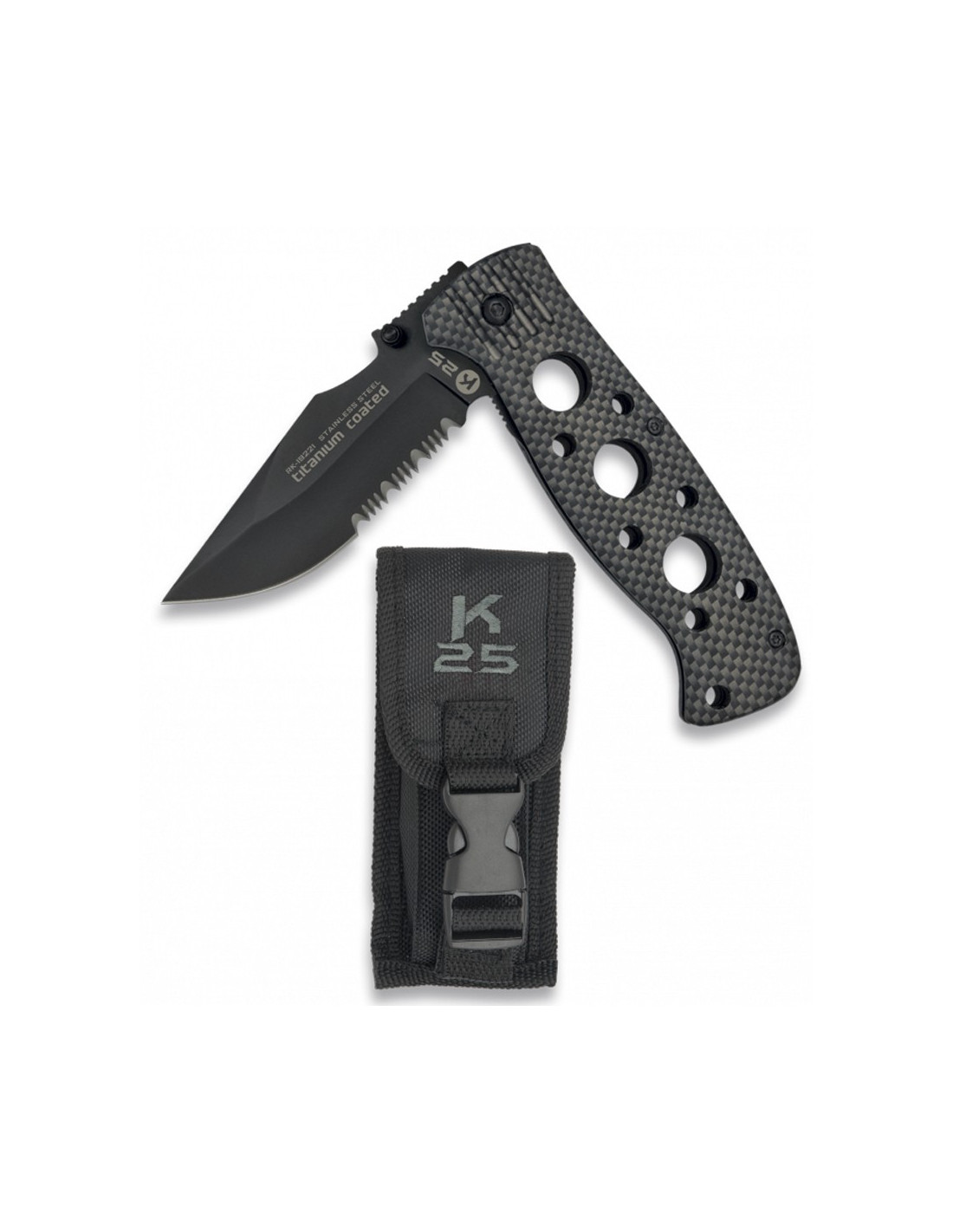 NAVAJA TACTICA DE SEGURIDAD K25 CON FUNDA HOJA 7 CMS.