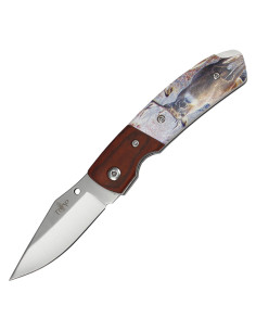 Tredje mærke kniv med 3D hjortedekoreret håndtag (15,9 cm.)