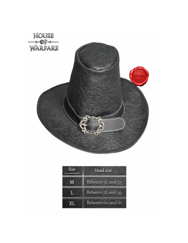 Sombrero Renacimiento Brujo oscuro en cuero negro repujado