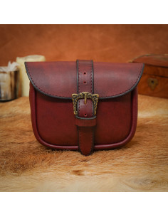 Bolso de cuero con hebilla Celta de latón, acabado rojizo