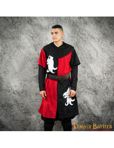 Tabardo medieval cuartelado rojo-negro Dragón