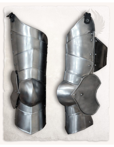 Mittelalterlicher Oberschenkelschutz und Knieschützer Modell Markward, polierter Stahl