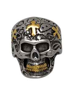 Anillo en acero Calavera con Cruces doradas