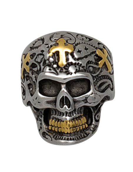 Totenkopf-Stahlring mit goldenen Kreuzen