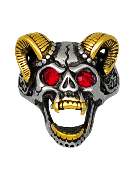 Stahlring-Totenkopf mit goldenen Hörnern