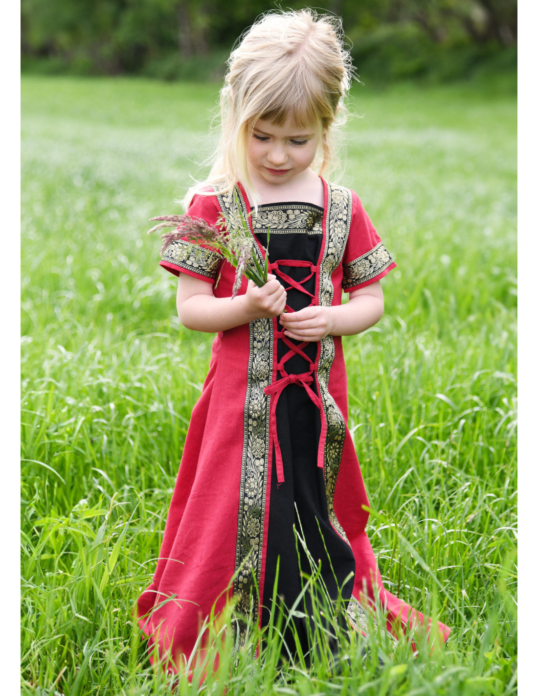 Vestido Medieval niña Leonor en manga corta, rojo-negro ⚔️ Tienda-Medieval