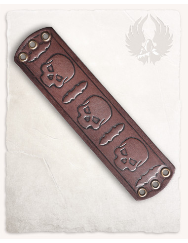 Gothic-Armband mit Totenköpfen und Schwertern, braunes Leder