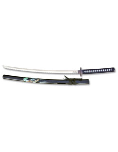 Dekorative Samurai-Katana mit schwarzem Saya und Ständer...