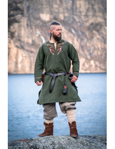 Túnica vikinga Snorri con bordado a mano estilo Urnes, verde