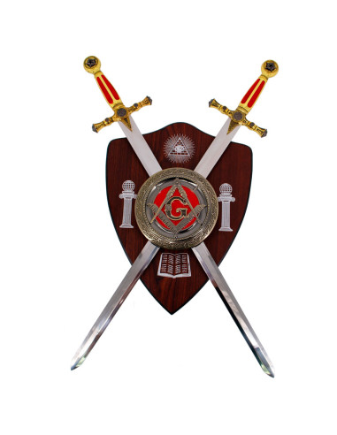 Vrijmetselaarswapenschild met 2 zwaarden en schild, rode afwerking