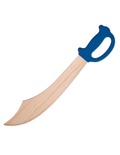 Sværd, scimitar type, lavet af træ med blåt håndtag til...