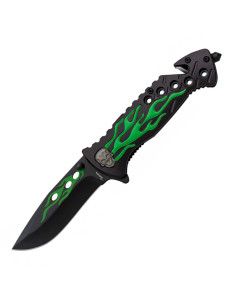 Navaja rescate calavera en llamas verde (20 cm.)