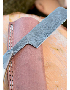 Damascus stalen scheermes met lederen schede (23 cm.) 2
