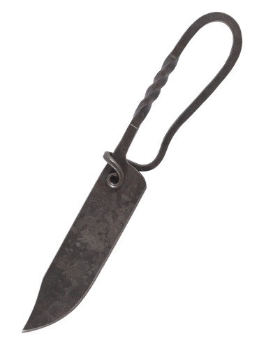 Geschmiedetes mittelalterliches Messer mit Lederscheide (23 cm).