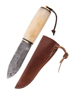 Cuchillo hoja Damasco mango hueso con funda (22,5 cm.)