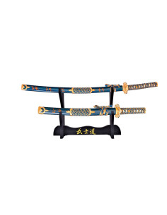 Pack Samurai Katana, Wakizashi y soporte, Azul-Oro