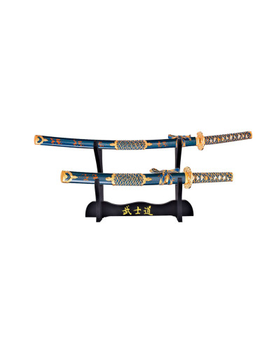 Samurai Katana, Wakizashi en standpack, blauw-goud