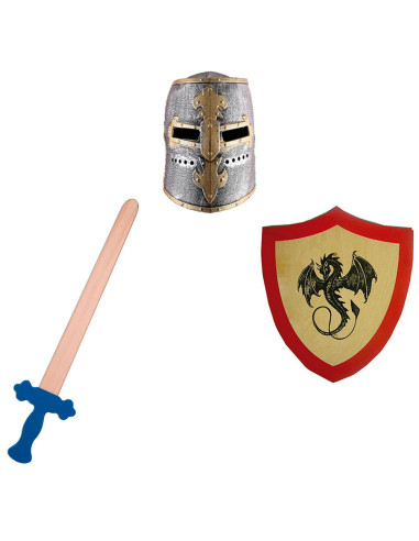 Middeleeuws Drakenridder-kinderpakket: zwaard, schild en helm