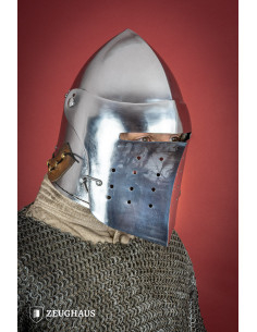 Mittelalterliches Becken mit Vollvisier, polierter Stahl 2