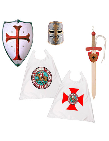 Templar Knight-kinderpakket: zwaard, schild, helm en mantel