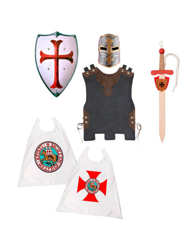 Templerritter-Kinderpaket: Schwert, Schild, Helm, Brustpanzer und Umhang