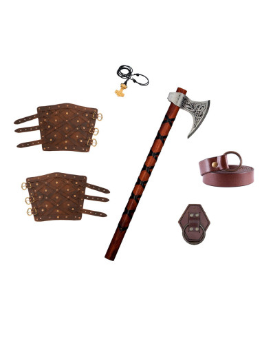 Pack vikingo Rey Ragnar: Hacha, colgante, cinturón, tahalí y brazaletes