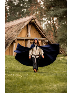 Lange middeleeuwse cape model Boil, blauw 131 cm.