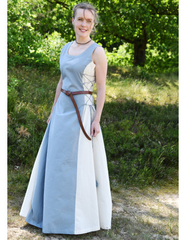 Model Jarle mouwloze middeleeuwse jurk, naturel blauw