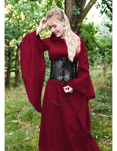 Lange middeleeuwse jurk met trompetmouwen, rode kleur