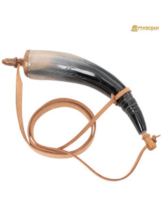 Middelalderlig ægte hornpudderpose med rem (36 cm.)