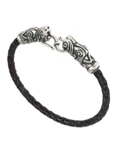 Pulsera trenzada vikinga Gotland plata en cuero negro