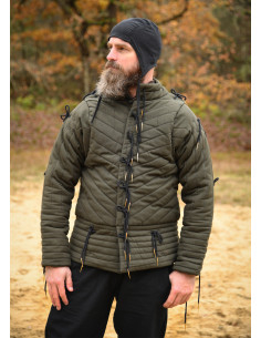 Middeleeuwse gambeson van gewatteerd katoen, olijfgroen
