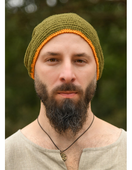 Gorro de lana crochet, verde-amarillo