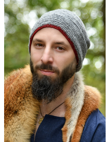 Gorro de lana crochet, gris-rojo