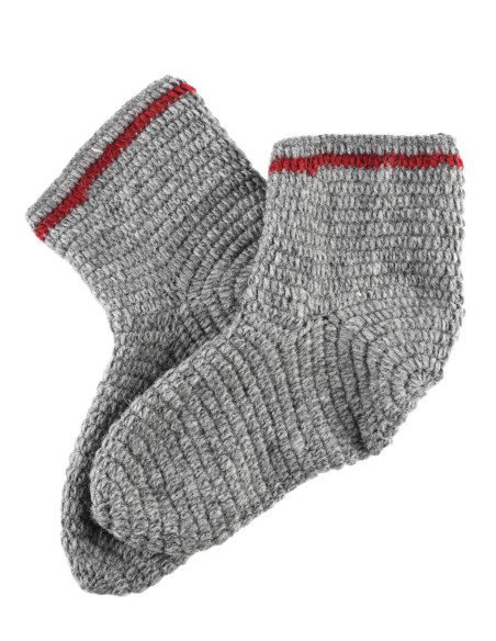 Wollsocken Häkel, grau-rot