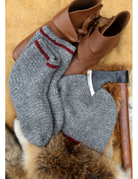 Wollsocken Häkel, grau-rot