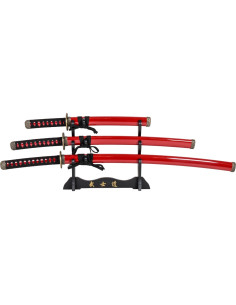 Sæt Katana Wakizashi og dekorativ Tanto med stativ, rød