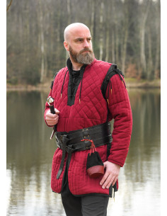 Gambesón medieval rojo-negro, mangas desmontables
