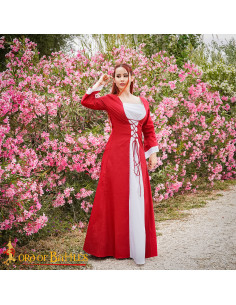 Mittelalterliches Prinzessinnen-Baumwollkleid – Rot und Weiß