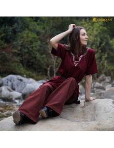 Túnica medieval de algodón cuello bordado manga corta