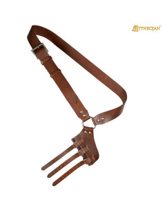 Tahalí medieval en cuero marrón para colgar espada, mano...