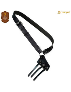Tahalí medieval en cuero negro para colgar espada, mano...