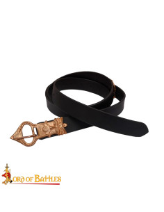 Cinturón medieval Sajón hebilla Rey en bronce, cuero negro