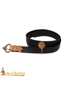 Cinturón medieval Sajón hebilla Rey en bronce, cuero negro 2