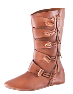 Mittelalterliche hohe Stiefel mit Knotenverschlüssen, braun