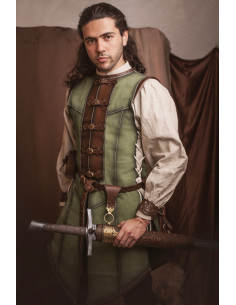 Cuera medieval larga verde en piel de serraje, hombre