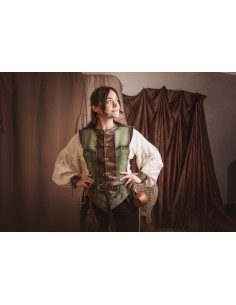 Cuera medieval corta verde en piel de serraje, hombre