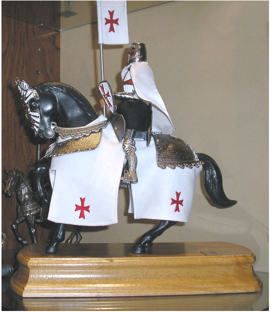 Miniatura artesanal de caballero con capa roja a caballo - Miniaturas de escudos medievales